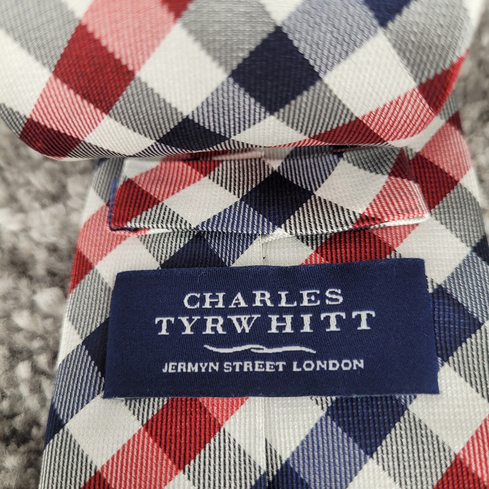 Charles Tyrwhitt Mens Silk Tie Red Blue White Gingham Plaid Check Necktie - Picture 2 of 4